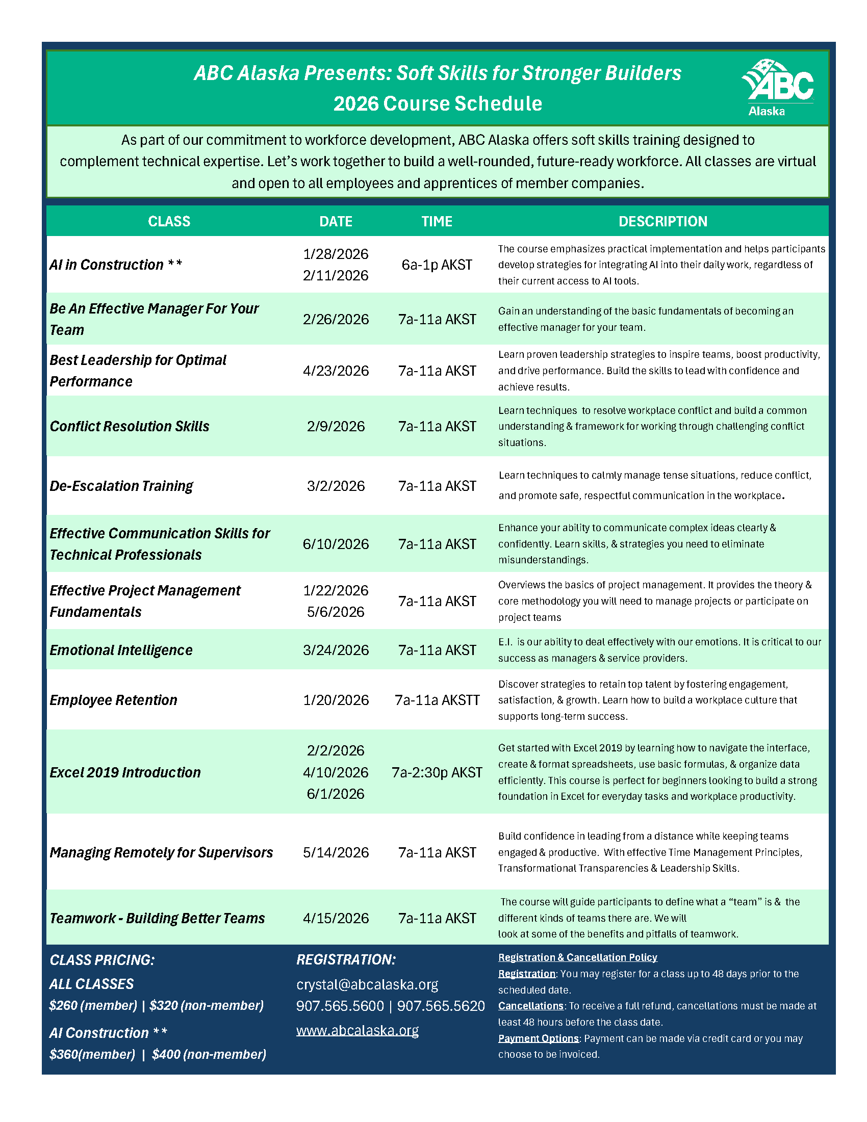 2026 ABC Soft SKills Course Schedule